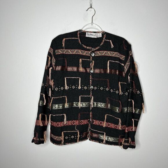 Flashback Jacket Womens Medium Black Knit Boho Tassel Western Intricate Vintage - Picture 9 of 13